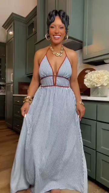 Sooo in LOVE with this halter neck, deep V,  maxi dress!!! 👗❤️. #summerdress #sundress #maxidress #summeroutfitinspo #tiktokfashionfinds 