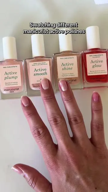 I get questions a lot asking what the difference is between the active polishes from @Manucurist so I thought it would be fun to swatch them! I think my favorites are active plump and active smooth. #diynails #athomenails #healthynails #nailcare #manicure 