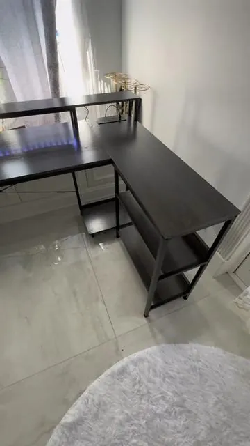 75" Reversible L-Shaped Gaming Desk with Power Outlet and LED Strip, Computer Desk with Storage Shelves for Home Office