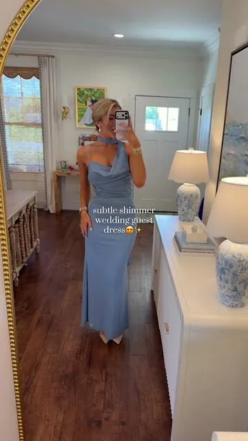 The shimmer in the fabric😍 SO stunning for a wedding or vacation!🤍 and so many gorgeous colors! Hugs in all of the right places and is so flattering!👏🏻 wearing size medium and I'm 5'9! #boujeeonabudget #weddingguestdress #affordablefashion #formaldress #summerfashion 