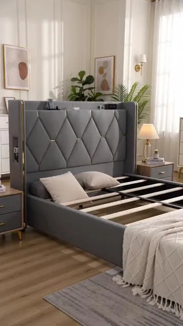 Elevate your bedroom style and function! ✨ This Modern Velvet Platform Bed Frame features a chic diamond-tufted wingback design with elegant gold trim. Keep your devices charged and essentials organized with the built-in USB charging station and storage headboard. No box spring needed, available in Full, Queen, King sizes, and stunning Grey, White, or Black. Ready to create your dream space? Tap to shop! #platformbed #bedroomupgrade #homefurnishings #storagebed #AIGC #Moras