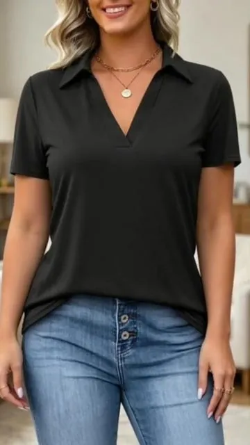 Women's Short-Sleeve Fitted Minimalist Lightweight Polyester V-Neck Collared Polo Shirts - Business, Dressy Casual Summer Tops #short #womensfashion #poloshirt #summervibe #tiktokshop 