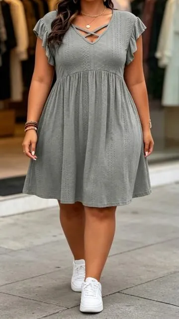 Plus Size Solid Color Hollow Out Vneck Dress#dress #tiktokshop #usa_tiktok #OOTD #spotlightfinds 