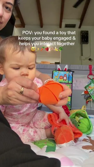 Interactive educational toy for babies 🍓 My 9 month old loves this fruit & veggie sorting set for sensory play, fine motor skills, hand eye coordination & screen free playtime 🤍 #babytoys #SummerVibes #momsoftiktok #sensoryplay #9montholdbaby  @Hahaland 