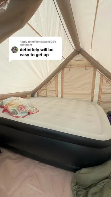 Replying to @miniondawn1825 Camping gear that finally convinced me I’m too old for sleeping on the ground 😭⛺️ This self inflating queen air mattress is thick, supportive, rechargeable, and actually comfortable for camping, guests, road trips, and tent setups.  #campingsetup #airmattress #outdoorliving #glamping #tentcamping 