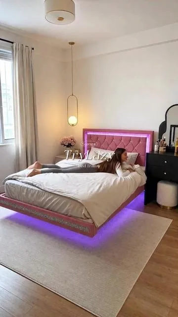 This LED pink diamond floating bed frame is officially ON SALE 💗✨ It literally looks like a princess dream room. #bedsale #pinkbed #floatingbed #ledbed #princessroom     