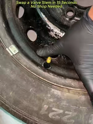 Leaky valve stem? Swap it in 15 seconds. No tire removal, no shop. T-hook pulls the old one, tapered tube guides the new. Cars, trucks, ATVs, motorcycles. Link down left! #SummerVibes #fathersdaygift #valvestemreplacement #tirerepair #diytirefix 