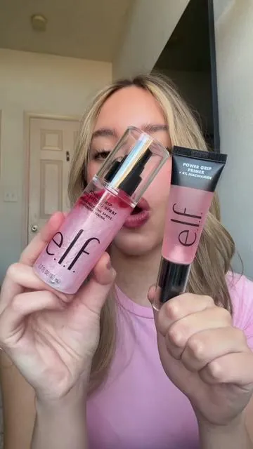 Elffff this pink shimmer in this setting spray I LOVE!!! #elfcosmetics #elfsettingspray #settingspray #affordablemakeup #elfpowergripprimer 