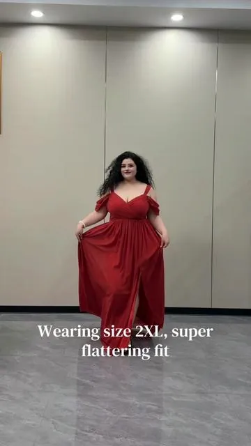 Curvy girls, this drop shoulder gown looks super slim🧡❤️💚#prom #plussizefashion #dress #2XL #plussize 