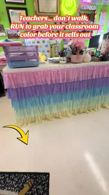 Teachers… this classroom desk skirt is one of my BEST purchases ever ✨ It hides all the classroom chaos under my teacher desk AND table while making my room look cute, organized, and Pinterest-worthy. Plus they have so many colors to match your classroom vibe 🎀 Perfect for back to school classroom setup and teacher organization! #teachersoftiktok  #classroomdecor  #teachermusthaves  #BackToSchool  #classroomorganization 