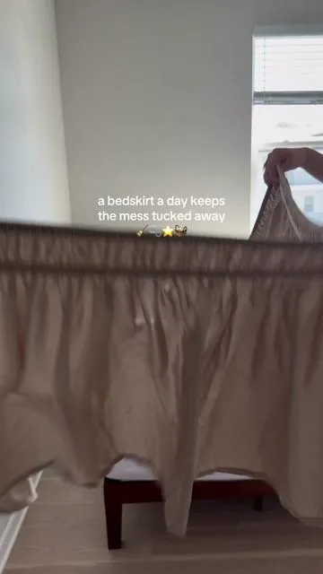 the best hack for making your space look clutter free even if you feel like it’s filled to the brim with stuff ✨ I’ll always be on the bedskirt train #fyp #bedding #bedskirt #storage #organization 