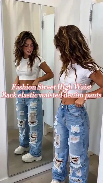 Clear definition of comfort and style with these back elastic ripped denim pants. 👖✨ #denimoutfit #rippedjeans #streetwear #backelastic #highwaistjeans #fashioninspo