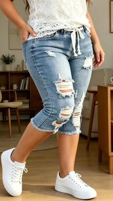 Fashion Distressed Ripped Capri Jeans Plus Size Casual High-Waisted Drawstring Waist Denim Cropped Pants, Y2K Clothes Summer Daily Wear, Trendy Streetwear Bottoms, Comfortable Slim Fit Casual Trousers. #y2k #womensfashion #pants #streetwear #ootd 