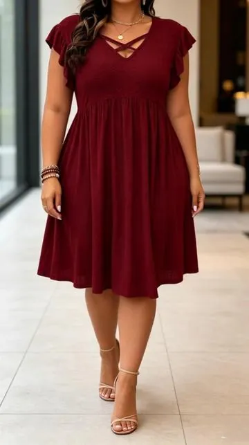Plus Size Solid Color Hollow Out Vneck Dress#dress #OOTD #fyp #tiktokshopusa #usa_tiktok 