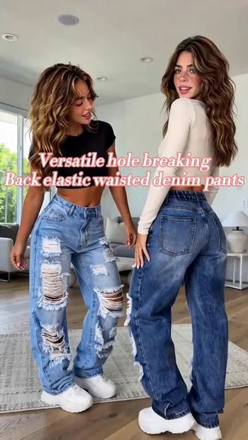 Obsessed with the fit! 😍 These ripped jeans are a total vibe. Perfectly distressed in the front, and that back elastic waist? Pure comfort. ✨ 👇 Link in bio!#denimoutfit #rippedjeans #casualstyle #ootd #fashioninspo #ye2kstyle #jeanstryon
