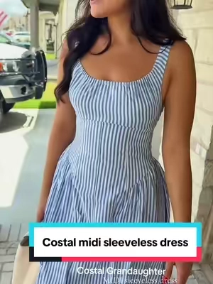 This midi dress is screaming luxury on a budget and perfect for a vacation! True to size 145 5’8 s #mididress #sleevelessdress #dresses #costalgranddaughter #summervibes @CiderCloset 