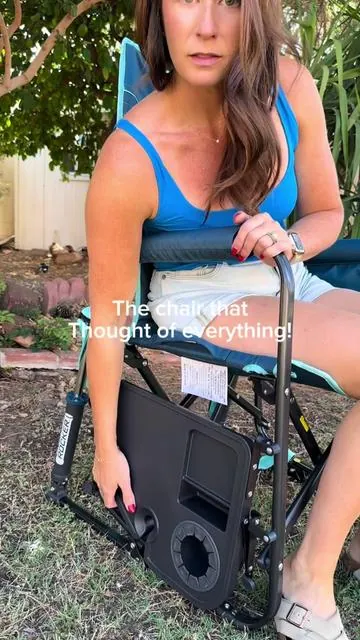 The new stowaway rocker by GCI literally thought of everything! My favorite part may or may not be the wine glass holder 😜 #gci #gcirockerchair #outdoorrockingchair #ad #campingchair 