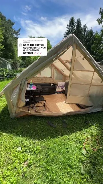 Replying to @Heather Reinhardt POV: you want the camping experience without feeling like you’re sleeping in a crinkly little floor burrito 😂 This inflatable family tent fully zips closed, sets up in minutes, has room for our family of 5 PLUS extra space to actually hang out inside, and the heavy duty design has already survived crazy wind at our house. Between the airflow windows, rain flaps, AC vent, and fast setup… this honestly feels more like glamping than camping. ⛺️🌲 #tentcamping #inflatabletent #glamping 