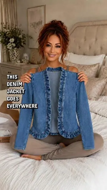 This ruffle denim jacket is the perfect lightweight layer for coffee runs, dog walks, outdoor dinners, and breezy spring or summer outfits. It gives you that cute polished denim jacket look without feeling basic. #denimjacket #jacket 