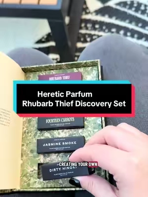 Inspired by the fairy tale books of the 19th century, the Rhubarb Thief Discovery Set is presented in a collectible storybook format. Inside are six hand–tipped watercolor illustrations by artist Sam Wolf Connelly, telling the story of Monsieur Lapin and his rhubarb alchemy. At the back of the book you will find five 2ml fragrances, four new and one of our best-selling layering fragrances: RHUBARB THIEF: Rhubarb, Grapefruit, Angelica, Pink Jasmine, Cedar, Oakmoss BEEKEEPER: Honey, Beeswax*, Myrrh, Papyrus *(formulated with sustainably-sourced, cruelty-free byproduct from Bees) FOURTEEN CARROTS: Carrot Absolute, Oud, Clove, Vetiver JASMINE SMOKE: Blonde Tobacco, Jasmine, Guiacawood, Tonka DIRTY HINOKI: Lemon, Hinoki, Cypress, Frankencense, Thyme, Wormwood, Balsam #springaesthetic #summerscents #perfumetok #perfumetiktok #perfume