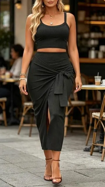 Women's Solid Ribbed Wrap Skirt Set#twopieceset #skirt #tiktokshop #OOTD #spotlightfinds 