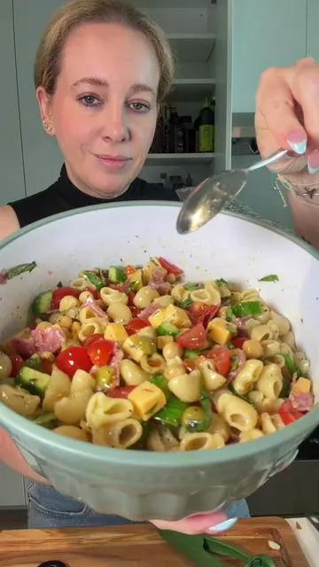 Pasta salad made easy!  1 box pasta of choice 1/2 cup green olives-quartered 3/4 cup salami- chopped 1/2 red onion-sliced 1/2 block sharp cheddar-cubed 1 cup cherry tomatoes-quartered 1/2 cup chickpeas 1/2 cup basil-chopped Dressing- 3/4 cup olive oil 1/4 cup white wine vinegar 2 tsp Italian seasoning 1 large clove garlic-grated 1 Tbsp Dijon Salt to taste 1 tsp pepper Honey to taste @Luvan Official  #grapecutter #pastasalad #foodhacks #easyrecipe #tiktokshop 