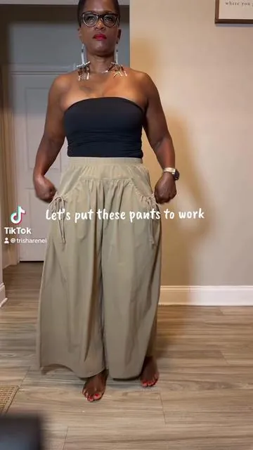 Capri pants  Size: medium  Height: 5’3” Weight: 140  Color: Dark khaki  Fit: True to size.         Minimalist style Polyester & Spandex  Wide leg pants  Pockets  Elastic waistband  Boho style/capri/casual  🛒 Tap the cart before it sells out #fashionover50 #creator_vertical_monthly_challenge #casualoutfits #widelegpants 