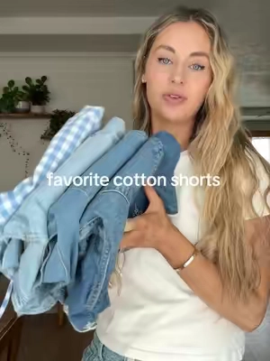 My favorite cotton shorts for summer! I’m 5’7” and sizes are all on the top left of the screen🩵 #summershorts #longerinseam #cottonshorts #cottonclothing #shortsformoms 