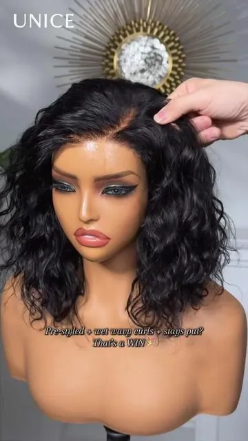 Pre-styled side part, wet wavy juicy curls, and no slipping? That’s a win! Super secure and no glue needed, this low-maintenance curly bob is 10 out 10😉🛒 #unicehair #2605114-G  #summerwins #wig #wigtok 