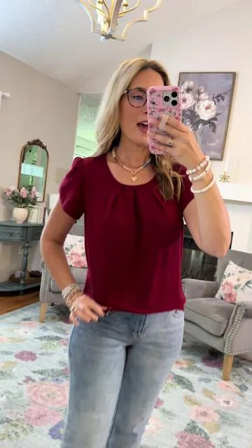 Work friendly pleated top! So soft and stretchy! I’m 5’7” 140 in a size small. @PrettyGarden 