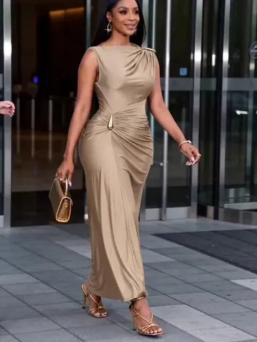 Champagne Color Asymmetric Metal Button Dress, Sleeveless Long Dress, Slim Fit, Elegant Evening Gown, Party Wear, Office Style, Yhsp105 #(Knitted #Lustrous #Fabric) #Satin #Long #Gown #Evening #Dress #with #Asymmetrical #Drape #Neckline, #Metallic #Button #Accents, #and #Pleated #Details. #Spring #Autumn #Seasonal #Sheer #Waist-Long #Dress. #Women's #Sleeveless #Party #Luxurious #Shiny #Fabric #+ #Unique #Neckline #Design #Side #Pleating #Craftsmanship #Simple #Elegant #Color #Palette #Floor-Length #Silhouette. #Perfect #for #Night #Out, #Banquet, #Birthday #Party, #or #Formal #Occasions.