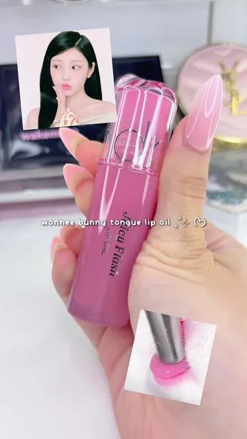 wonhees favorite lip oil in the bunny tongue shade #romand #lipoil #kbeauty #lipgloss #bunnytongue 