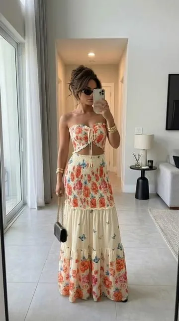 Elegant Shirred Cutout Bandeau Dress｜Ruched Ruffle Hem Tropical Print Vacation Mermaid Maxi#fyp #ootd #summerwins #casualoutfits #summerdresses 