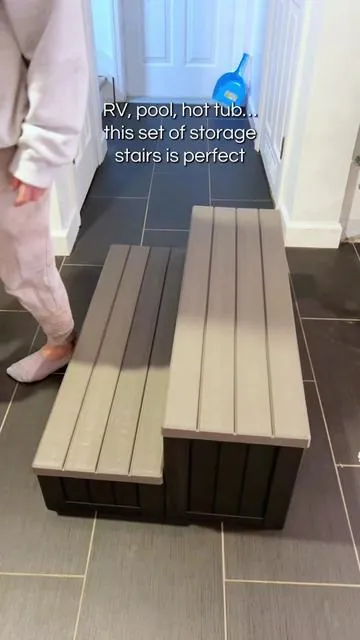 We meant to build a short set of stairs for our pool deck but it was on the bottom of the to-do list. So we just bought them ✅  Outdoor 2-Step Storage Step, Non-Slip Hot Tub Steps, Safe Entry and Exit for Pool, Mobile Homes, and Campers, Durable Resin Material with Built-in Storage, Summervibes
