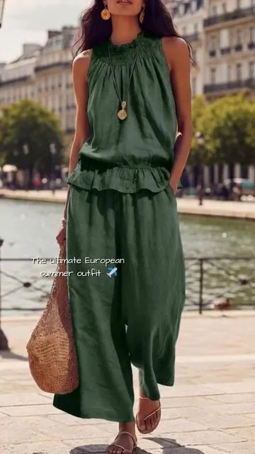 #DealsForYouDays This two-piece linen set is giving major effortless vacation vibes. The breathable fabric is perfect for the heat, and it looks so incredibly chic for walking around the city. The cute ruffle top and wide-leg bottoms with pockets are just a dream. These keep flying off the shelves, so definitely do not let this one slip away! #TikTokShopDealsforYouDays #SummerWins #DealsforYouDays #vacationoutfit 