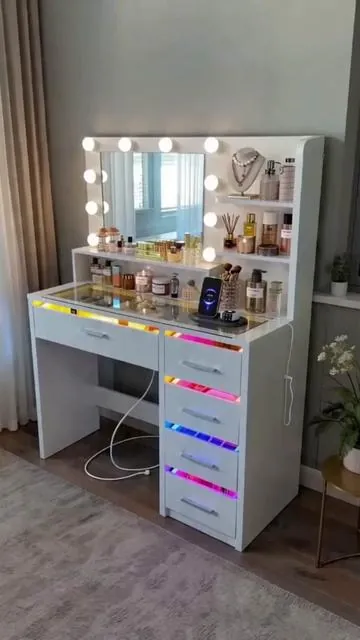 RGB drawers vanity desk with glasstop is so 🔥 #fyp #makeup #beauty #girls #viral #home #homedecor #tiktok #tiktokshop #houseoftiktok #dealsforyoudays 