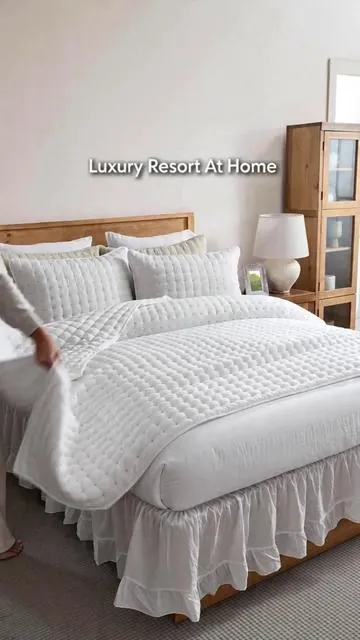 Luxury bed just got a glow-up 🌟 Cross-stitch + cloud-soft? YES. 🛏️ #BeddingGoals #LuxuryAtHome #TikTokMadeMeBuyIt #CozyVibes
