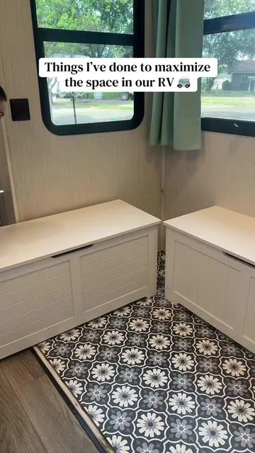 Living tiny means getting creative with your space 🚐 these storage benches are the best for seating & storage in our RV dinette area 🥰 #rvlivingfulltime #rvfamily #rvinspiration #rvkitchen #storagebench 
