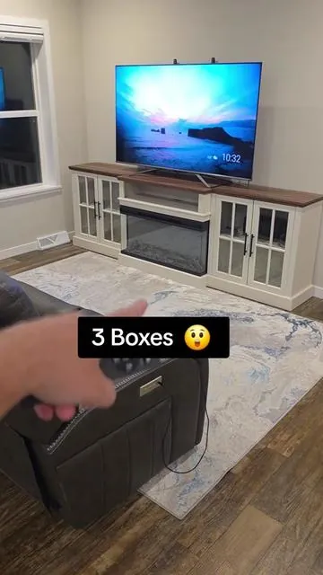 98-inch farmhouse TV stand with built-in electric fireplace combines entertainment, storage, and cozy ambiance in one statement piece. Large design fits TVs up to 100 inches while glass cabinets, adjustable shelves, and spacious storage help keep your living room organized and stylish. #TVStand #ElectricFireplace #FarmhouseDecor #LivingRoomFurniture #entertainmentcenter 