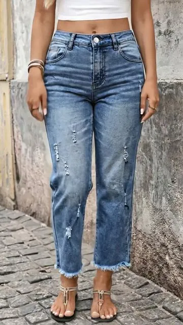 👖👖👖Women's Loose-Fit Cropped Ripped Jeans, Casual Denim Capri Pants, Elastic Fabric, All-Season Wear, Perfect for Outing and Dates#fyp #ootd #pants #jeans #denimyourway 