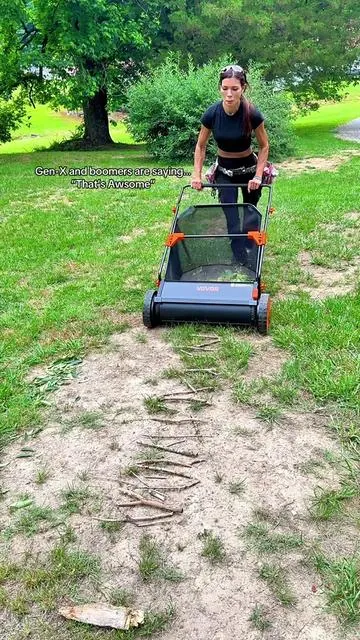 1st time seeing the lawn sweeper in action & she was amazed! & At a steal today #lawnsweeper #vevorlawnsweeper #dealsforyoudays #yardwork #greengrass 