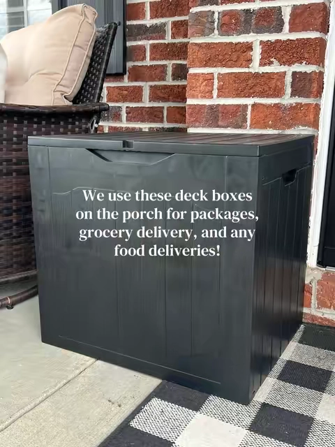 I swear outdoor stuff multiplies the second summer starts. Pool toys, bubbles, towels, cushions, sidewalk chalk — it all needs a home. This deck box hides it all so your backyard doesn’t look chaotic. We also have one on our front porch for all of our packages and food deliveries! #deckbox #outdoor #storage #outdoorstorage #dealsforyoudays 