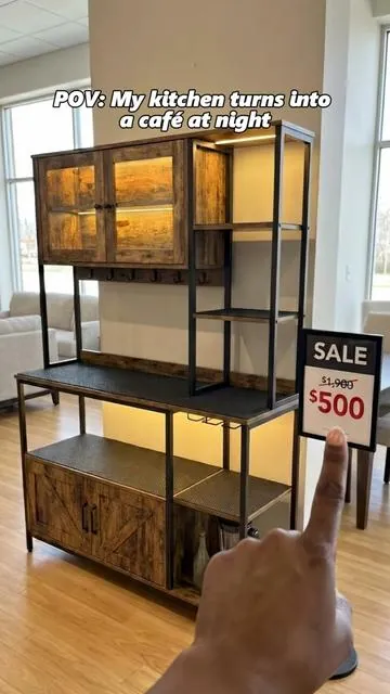 Glass cabinet, LED lights, built - in outlets full barista vibes #DealsforYouDays #sofa #livingroom #kitchen #cabinet 