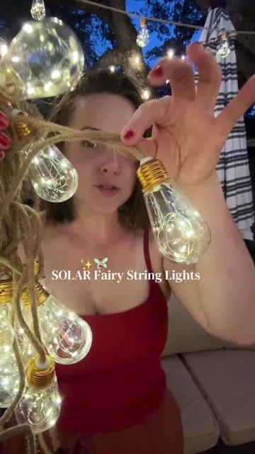 Outdoor solar string lights! Very string lights for your outdoor patio garden area that are whims a pool bow hole and perfect for a fairy garden area! #StringLights #SolarStringLights #FairyLights #SolarLights #DealsForYouDays 