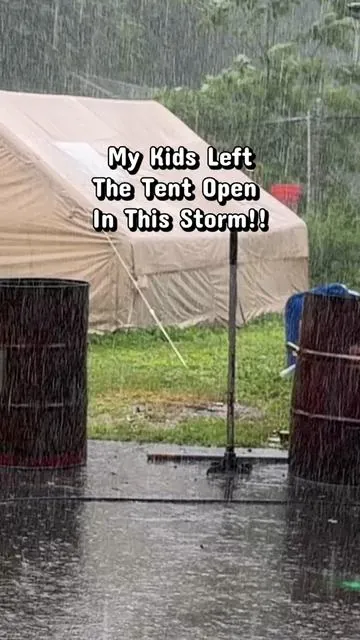 My kids left the door and window open in my inflatable tent but somehow it was still dry the next day! #glamping #inflatabletent #tentcamping #summerfun #campingseason 
