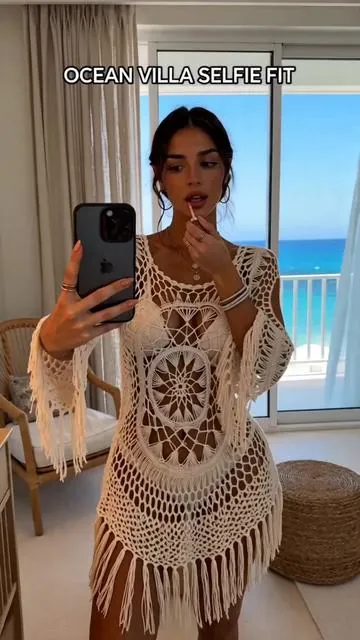 The cover-up that turns a bikini into an outfit 🤍#CrochetCoverUp #BeachOutfit #PoolsideLook #VacationStyle #ResortOutfit