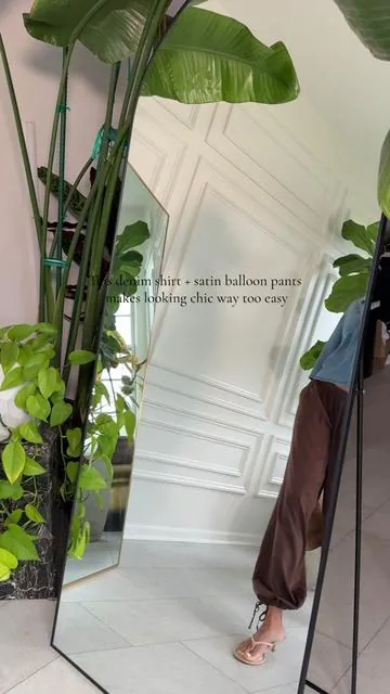 Satin balloon pants with the viral denim shirt = the perfect mix of casual and chic #outfit #dealsforyoudays #denimshirt #summervibe #tiktokfashion 