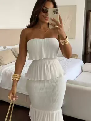 Tier Ruffle Shirred Slim Strapless Maxi Textured Party Dress For Night Out#fyp #OOTD #summerwins #dressshopping #summerdresses 