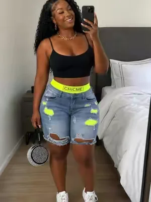 Women's 2-In-1 Denim Shorts Colorblock Print Ripped Shorts Workout Running Shorts Perfect For Casual Wear Trendy Fit Tie Dye#SummerOutfits #summerwins #casualoutfits #OOTD #shorts 