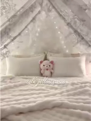 100% pure mulberry silk pillow cases so my hair stays perfect 🕯️🦢🩰🧸 #silkpillowcase #bedroomdecor #canopybed #coquette #roominspo 